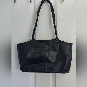 Latico NJ Black Leather Bag With Braided Handles Cream Floral Lining
